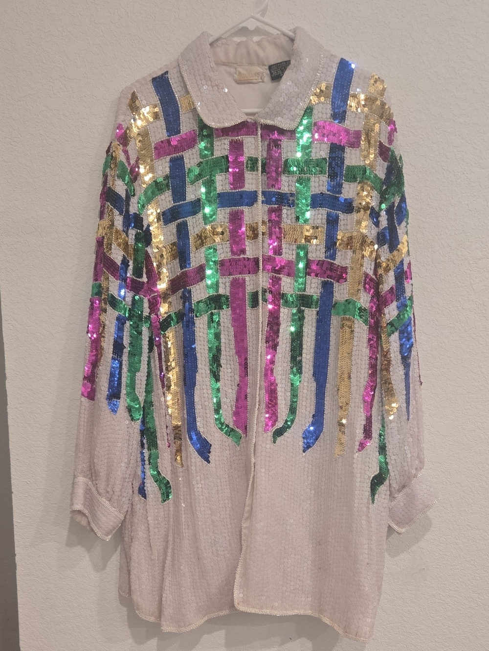 ROAMAN'S Vintage Cream Sequin Ribbon-Trim Jacket Multicolor 100% Silk Size S